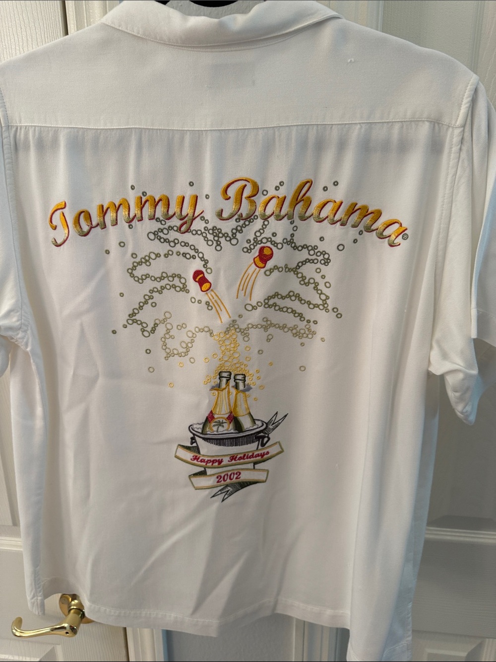 Tommy Bahama White Short Sleeve Shirt with Gold & Red Embroidery